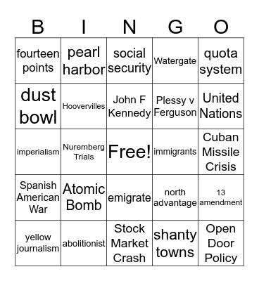 Social Studies Exam Bingo Card