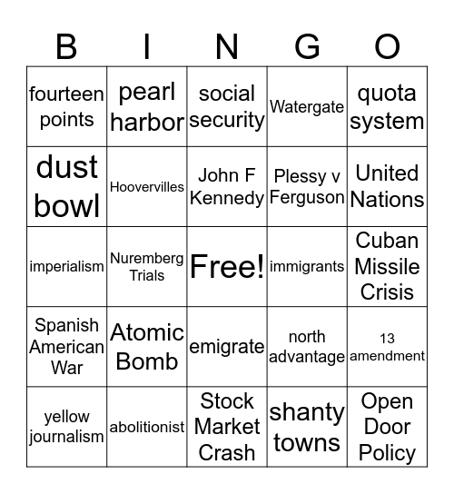 Social Studies Exam Bingo Card