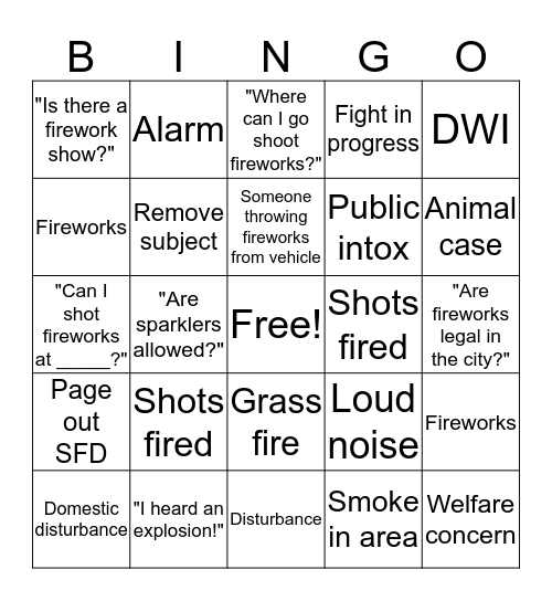 4th of July Blotter Bingo Card