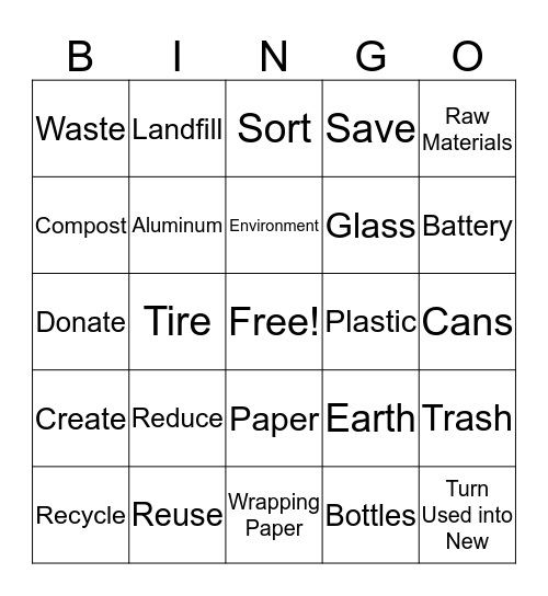 Reduce, Reuse, Recycle Bingo Card