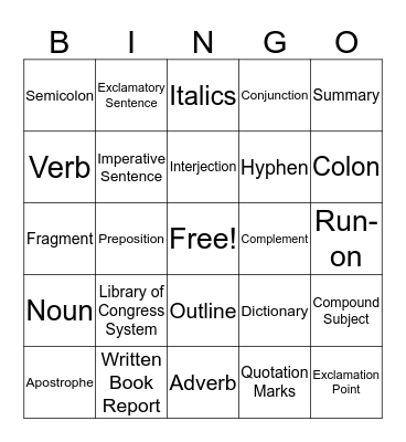 Grammar Bingo Card