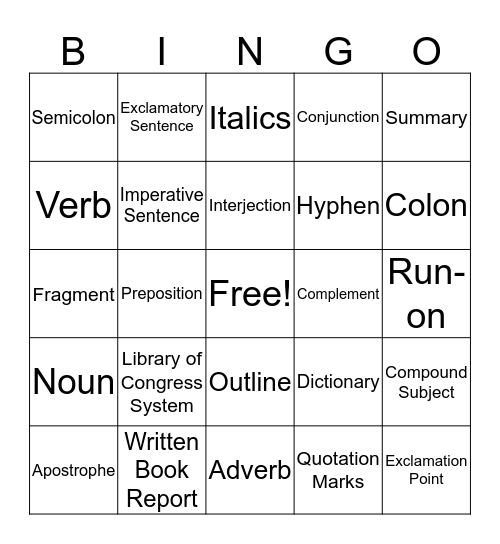 Grammar Bingo Card
