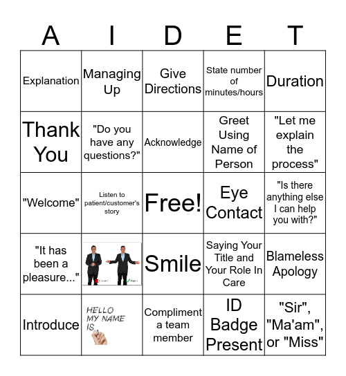 AIDET Behaviors BINGO Card