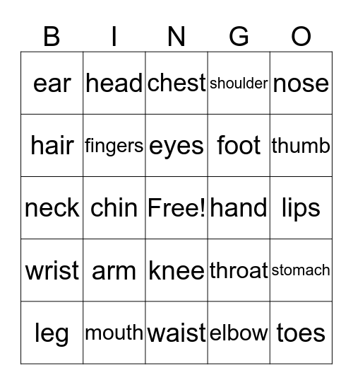 Body Parts Bingo Card