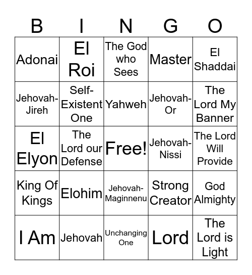 Names of God Bingo Card