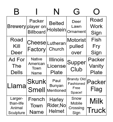 Wisconsin Road Trip Bingo Card