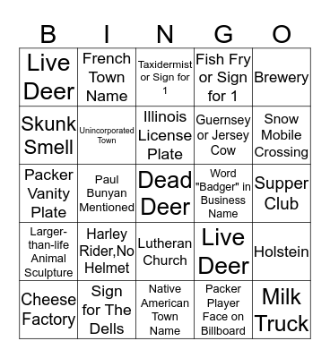 Wisconsin Road Trip Bingo Card