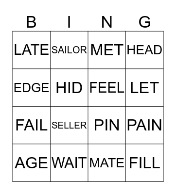 Vowel sounds ey, e and i Bingo Card