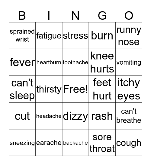 Symptoms Bingo Card