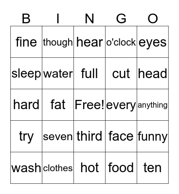 SIGHT WORD Bingo Card