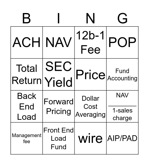 Fund Pricing Bingo Card