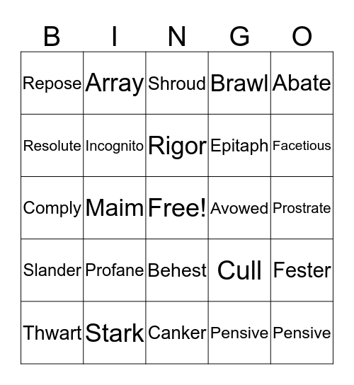 Vocabulary 50 - Bingo Card