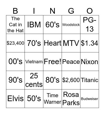 Decades Bingo Card