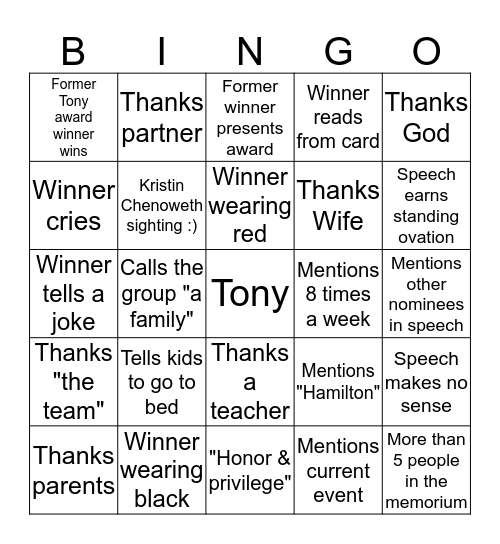 2017 Tony Bingo Card