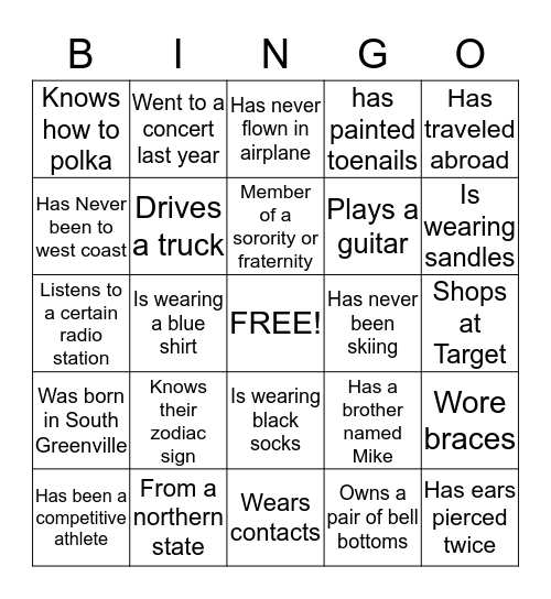 Human Scavenger Hunt Bingo Card