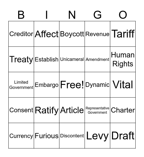 Unit 1-Government Vocabulary Bingo Card