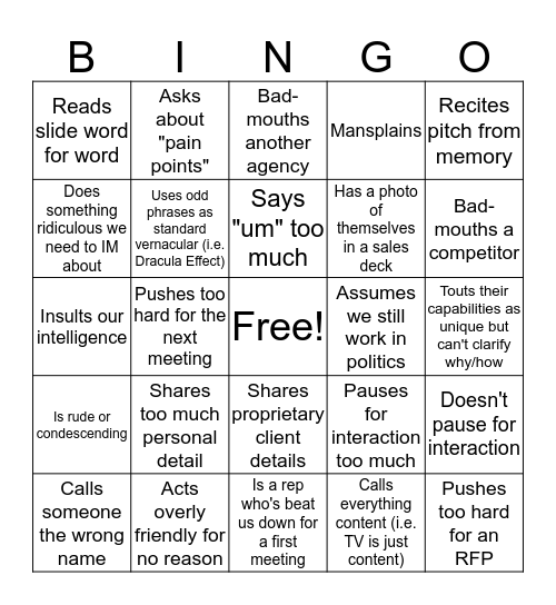 Vendor Pitch Bingo Card