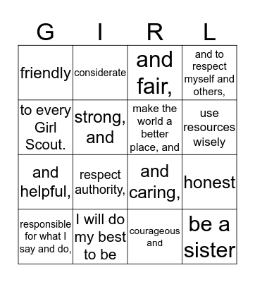 Girl Scout Law Bingo Card