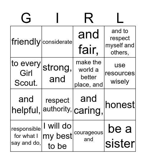 Girl Scout Law Bingo Card