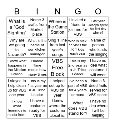 VBS Jr. Tribe Leader Bingo Card