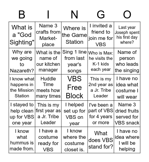 VBS Jr. Tribe Leader Bingo Card