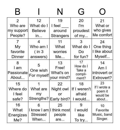 Thinking about my Life Bingo Card