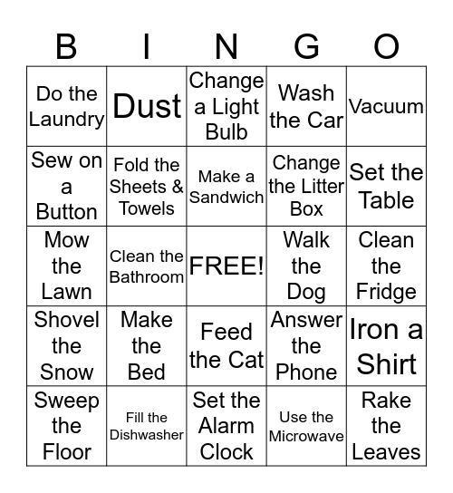 Independent Living Skills Bingo Card