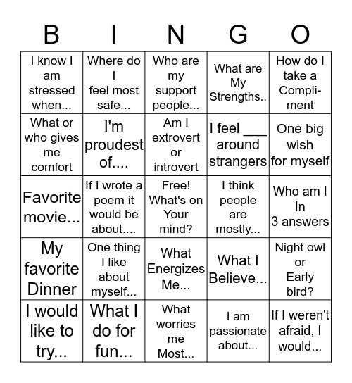 Thinking About My Life Bingo Card