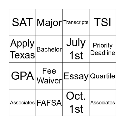 College Knowledge Bingo Card