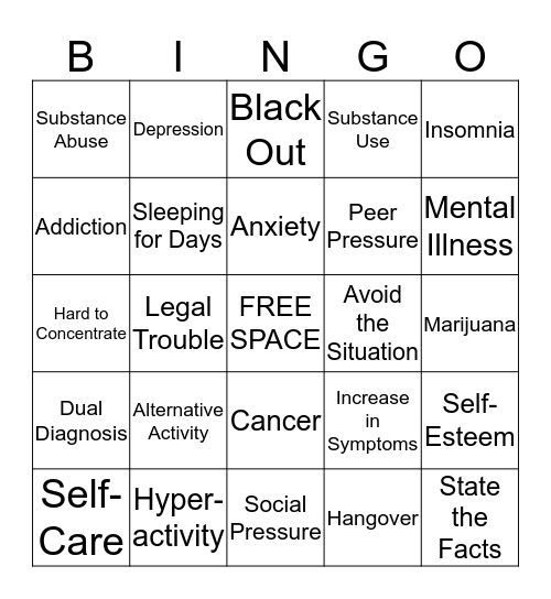 Dual Diagnosis Bingo Card