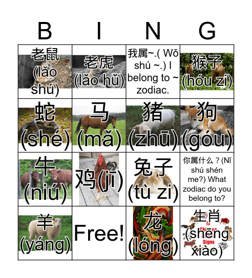 12 Chinese Zodiacs Bingo Card