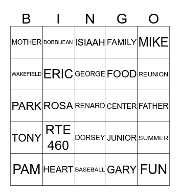 BAKER FAMILY REUNION 2013 Bingo Card