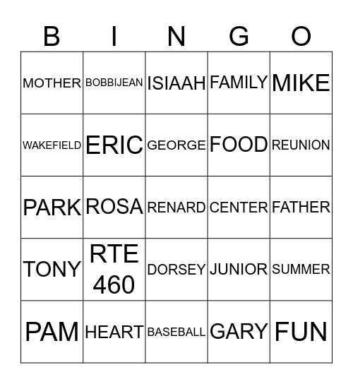 BAKER FAMILY REUNION 2013 Bingo Card