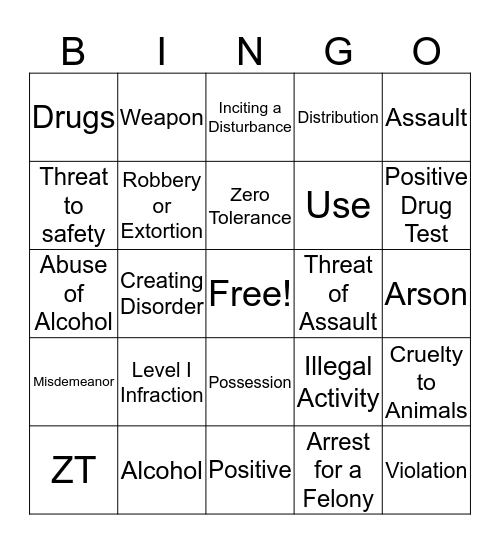Zero Tolerance Bingo Card
