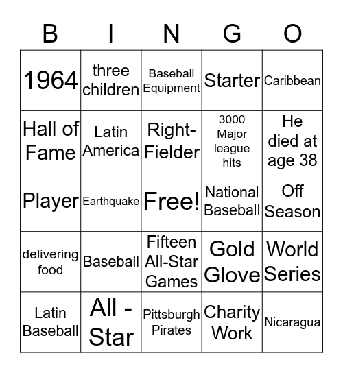 Roberto Clemente Bingo Card