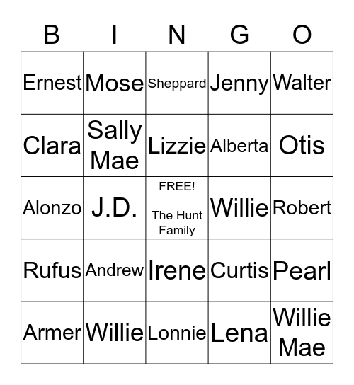 Hunt Family  Bingo Card