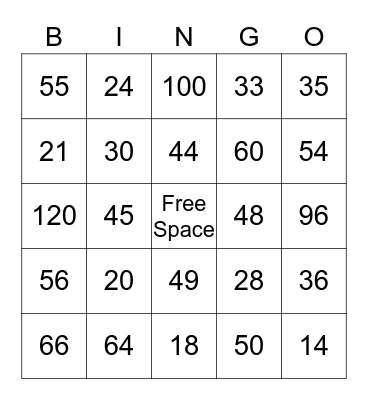 Multiplication Bingo Card