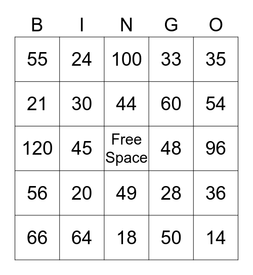Multiplication Bingo Card