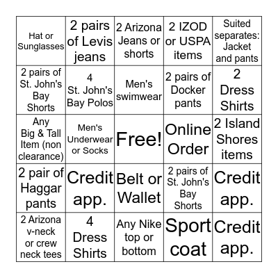 Men's Bingo Contest Bingo Card