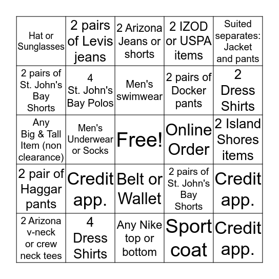 Men's Bingo Contest Bingo Card