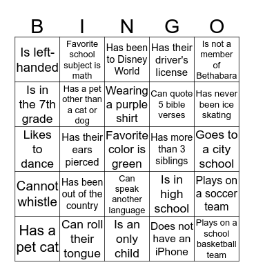 Bethabara Youth Bingo Card