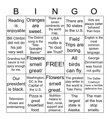Social Studies Fact and Opinion BINGO Card