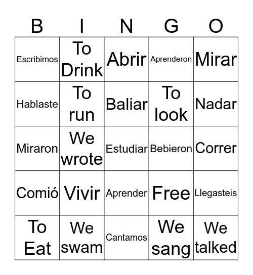 Ar, Ir, and Er Verbs in the Preterite Bingo Card