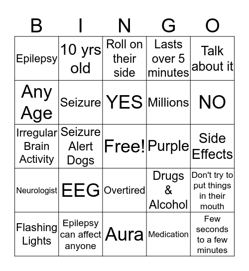 Epilepsy Bingo Card