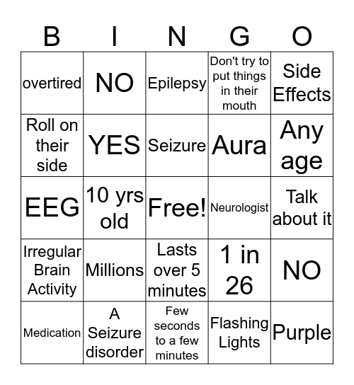 Epilepsy Bingo Card