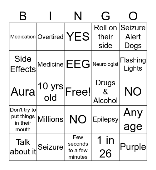 Epilepsy Bingo Card