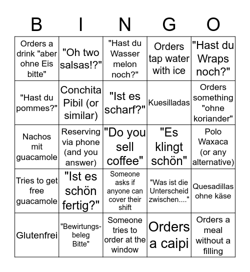 La Taqueria Bingo Card