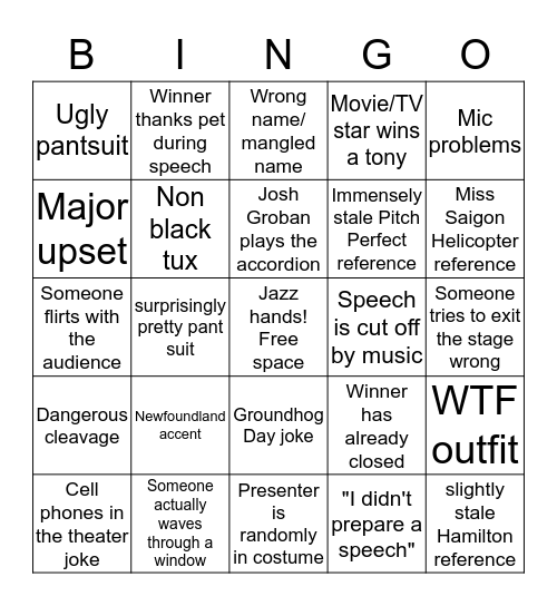 2017 Tony Awards Bingo Card