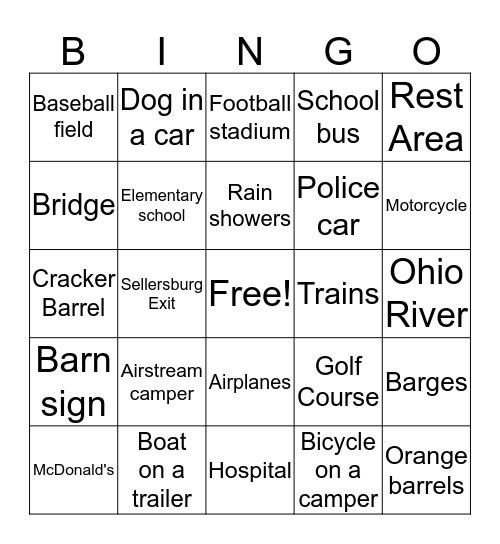 Road Trip BINGO Card