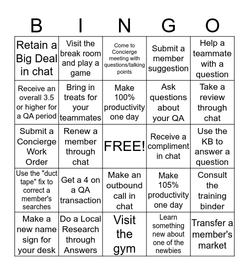 Concierge Bingo!  Bingo Card